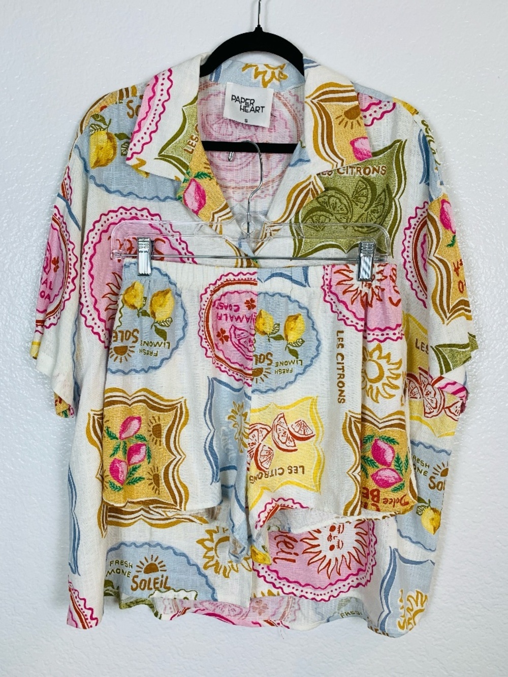 Paper Heart Short Set Womens Small Lemon Fruit Italy‎ Print NWOT Linen Blend